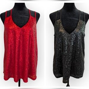 2 Guess Sequined Spaghetti Strap Tops Blouses Shirts Red Black